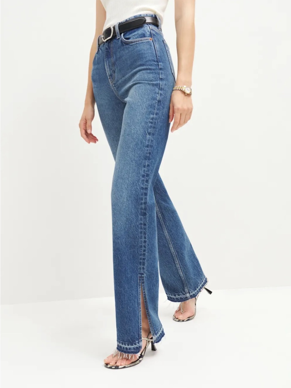 Reformation Mid-Blue High-Rise Flare Jeans with Front Slit